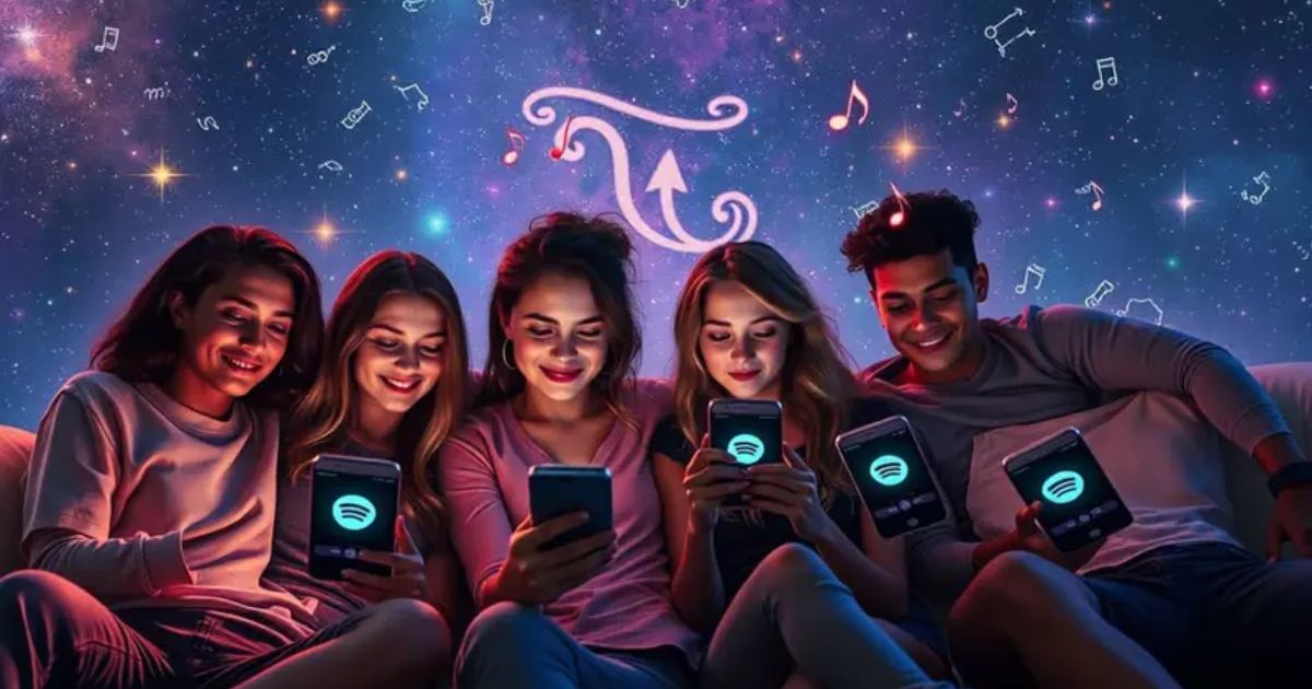 Friends exploring diverse music playlists on Spotify under a starry sky with zodiac and music symbols.